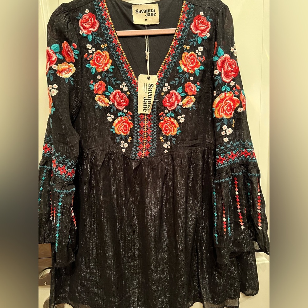Savanna Jane Black Dress with Colorful Embroidery. Sz: M.
